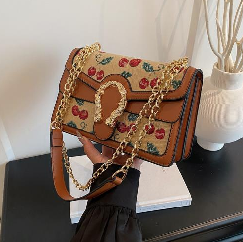 Cherry Patchwork Leather Double-Layer Chain Shoulder Bag - Image 2