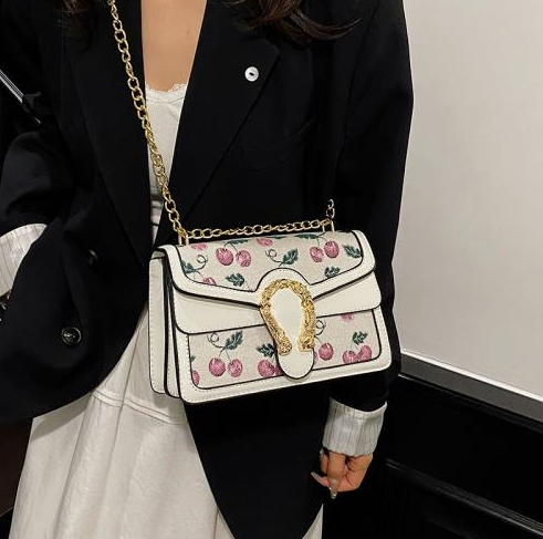 Cherry Patchwork Leather Double-Layer Chain Shoulder Bag - Image 3