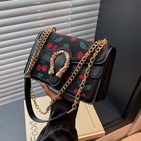 Cherry Patchwork Leather Double-Layer Chain Shoulder Bag - Image 4